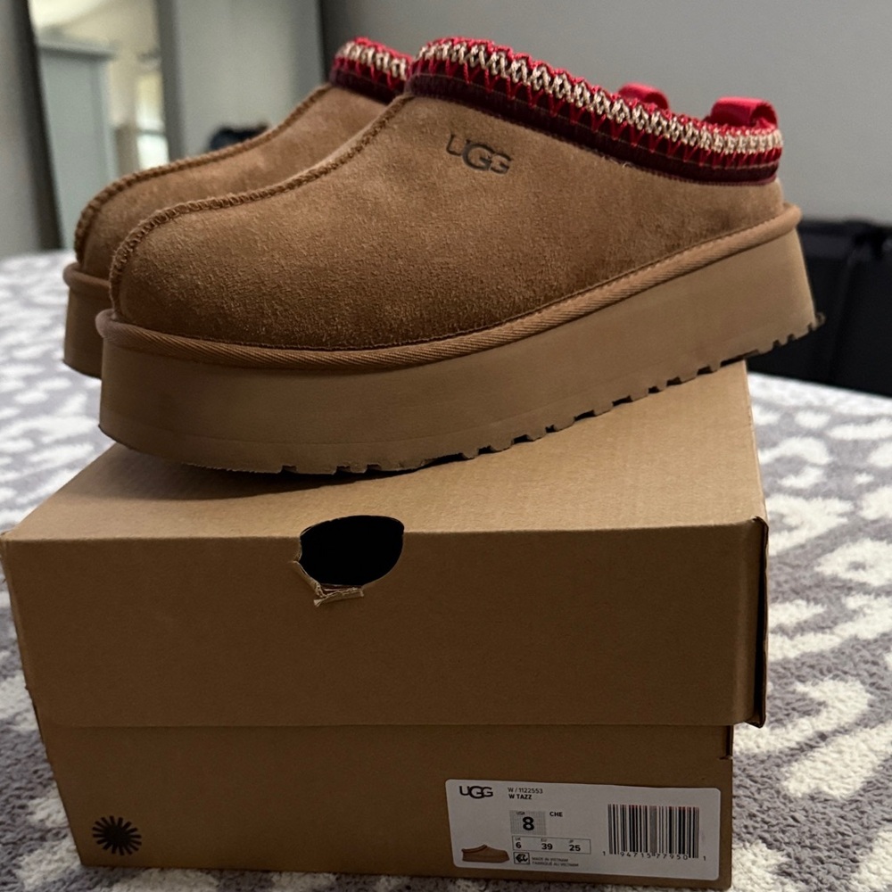 UGG Tan Suede Slippers with Red Accents